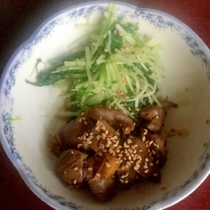 鶏レバーと砂肝の甘辛煮with水菜。